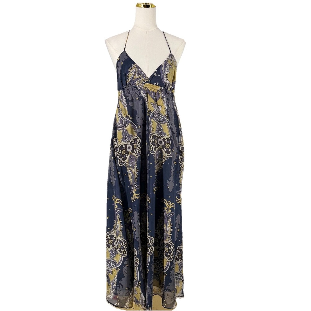 Y2K Womens Silk Babydoll Halter‎ Maxi Dress Size S Gray Whimsigoth Dark Fairy